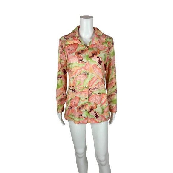 Vintage 70s Castle Blouse Women's Large Cloud Novelty Print Green Pink Top - Picture 10 of 10